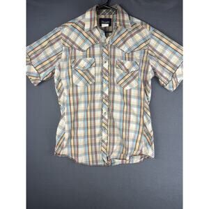 Wrangler Pearl Snap Western Shirt Size Medium Yellow Red Plaid Gold Metallic